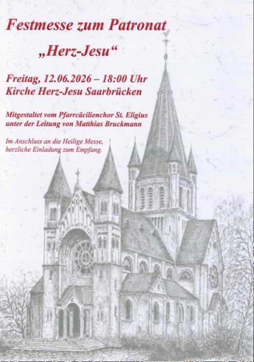Eine gezeichnete Kirche in seitlicher Ansicht. Darüber in rot gehaltener Text zum Patronatsfest.