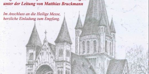 Eine gezeichnete Kirche in seitlicher Ansicht. Darüber in rot gehaltener Text zum Patronatsfest. (c) Matthias Bruckmann Eine gezeichnete Kirche in seitlicher Ansicht. Darüber in rot gehaltener Text zum Patronatsfest.