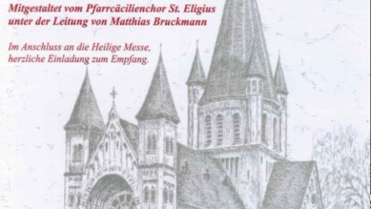 Eine gezeichnete Kirche in seitlicher Ansicht. Darüber in rot gehaltener Text zum Patronatsfest.