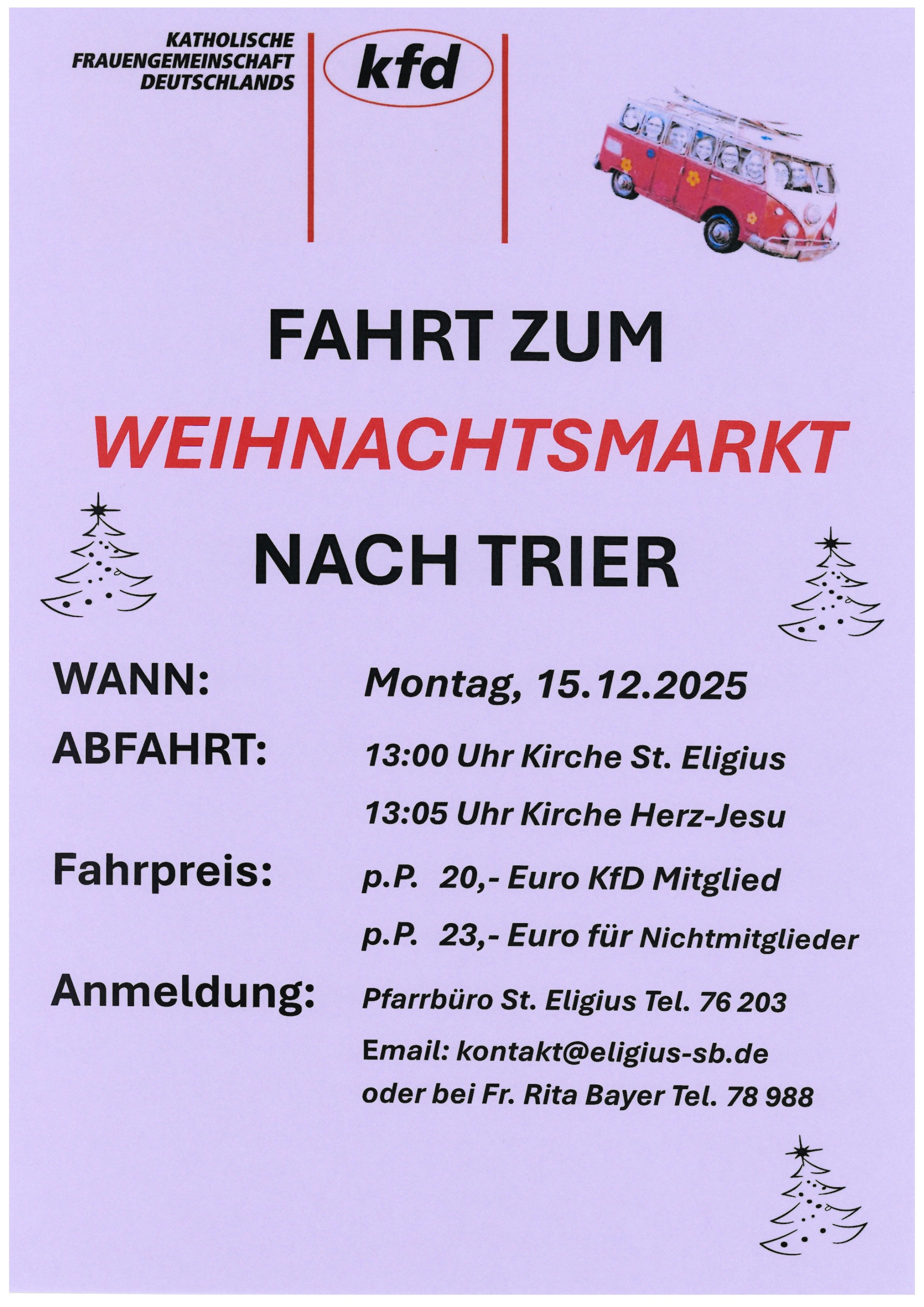 Plakat mit den Daten zur Weihnachtsmarktfahrt der kfd nach Trier. (c) St. Eligius Plakat mit den Daten zur Weihnachtsmarktfahrt der kfd nach Trier.