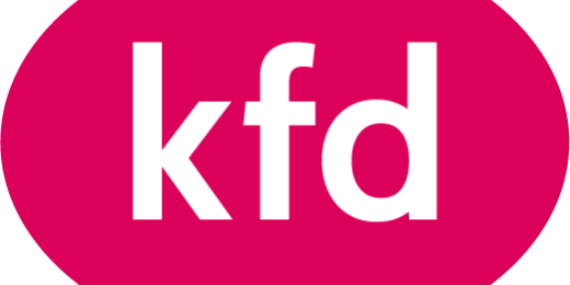 Die Buchstaben kfd in einer magentafarbenen Elipse.