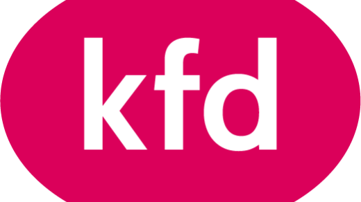 Die Buchstaben kfd in einer magentafarbenen Elipse.